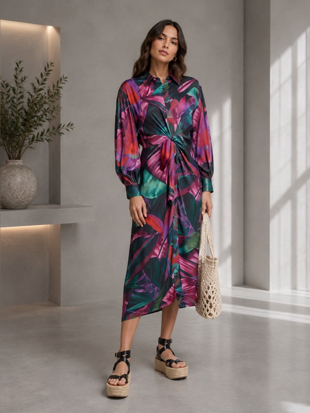 NEW FARM RIO Midnight Leaves Lenzing Ecovero Viscose Midi Dress B2861
